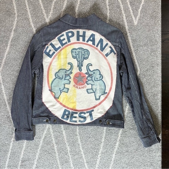 Pinstripe Navy Stretch Jean Jacket w/ Embroidery & Elephant Flour Sack Applique - Picture 4 of 7